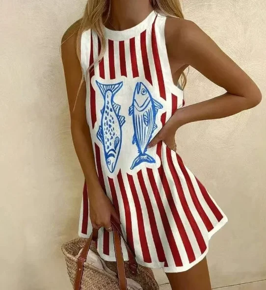 

Bohemian Mini Dressess Fashion Pattern Printed Sleeveless Women's Dress Summer O-neck Loose Tank Dress Elegant Vacation Vestidos