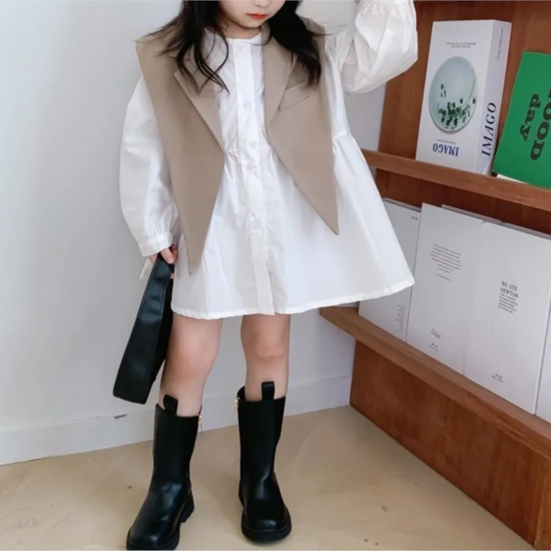 Fashion Baby Girl Cotton Shirt Dress+Vest Shawl 2PCS Toddler Child Long Blouses Dovetail Suit Spring Autumn Baby Clothes 2-7Y