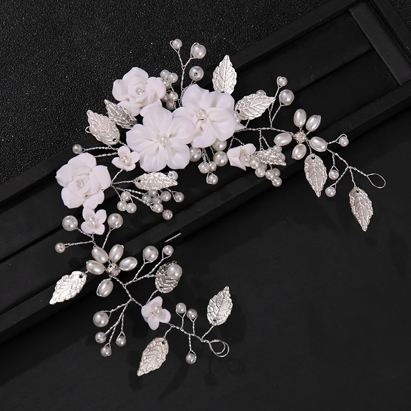 Flower Leaf Pearl Headband Wedding Hair Accessories Rhinestone Bridal Queen Tiara Headband Hair Comb Hairband Hair Jewelry Gift