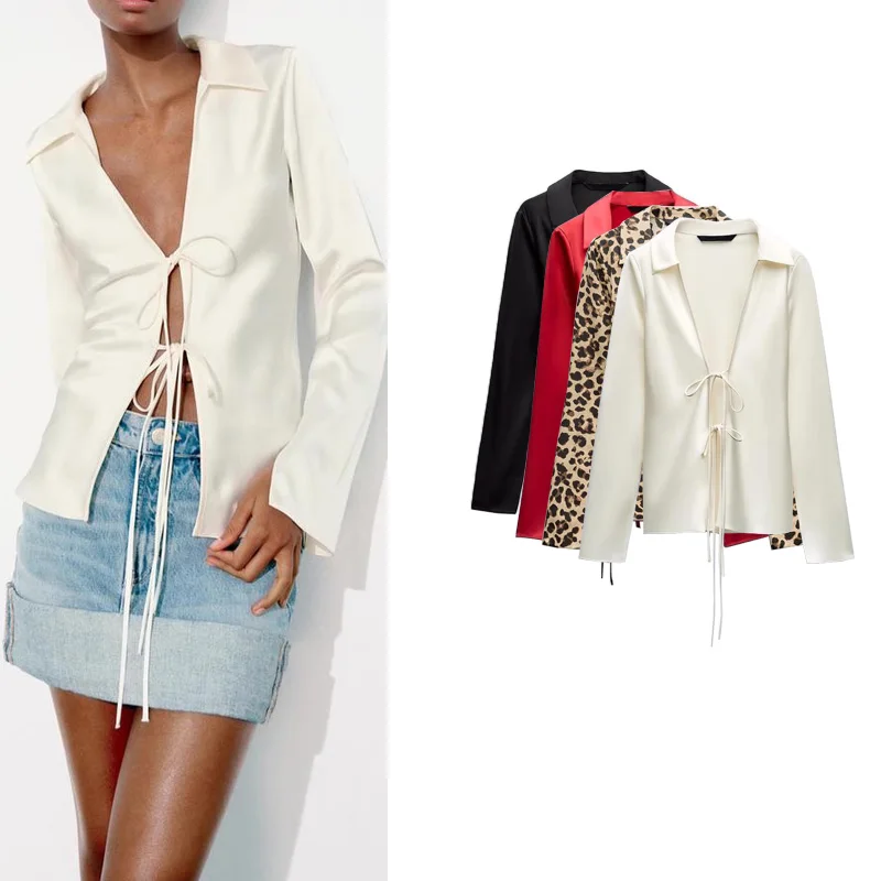 

Шелковая атласная блузка с длинным рукавом, глубоким V-образным вырезом и декоративным узлом, весенняя новинка, приталенная, для офиса, женская