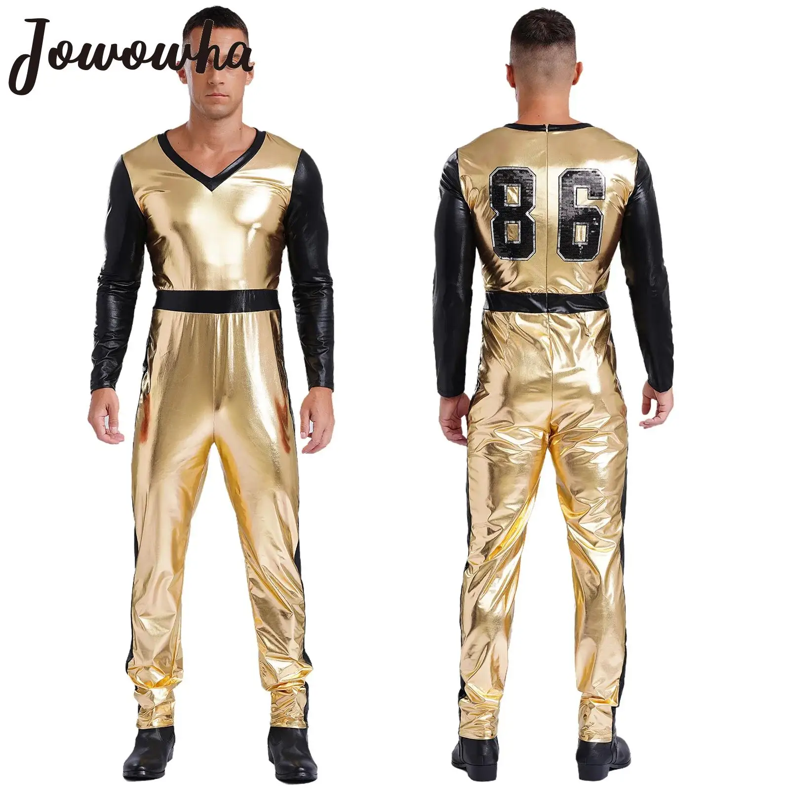 Mens Baseball Player Cosplay Bodysuit Metallic Shiny V Neck Long Sleeve Jumpsuit for Halloween Carnivals Themed Party Nightclub