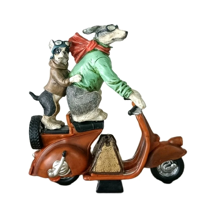 

Aged Effect Motorbike Riding Puppy Statue Journey Partners Sculpture Wanderer Circus Animal Performance Dog Ornament Craft