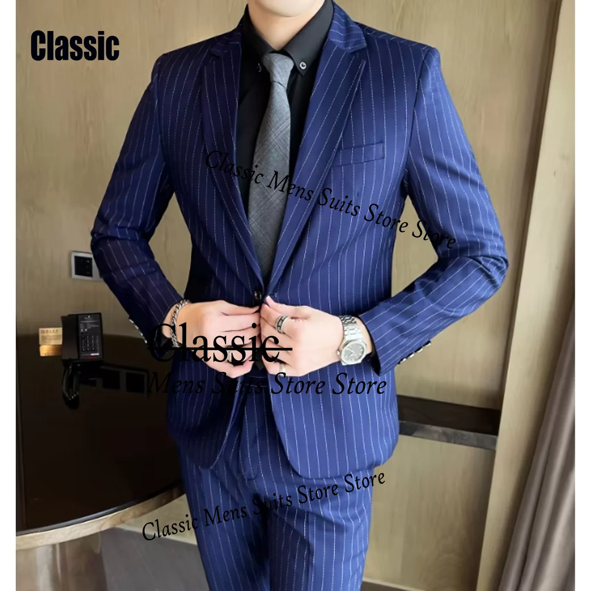 Customized 2 Piece Pinstripe Men's Suit Slim Fit for Formal Wedding Tuxedo Notched Exquisite Striped Business Groom Male Fashion