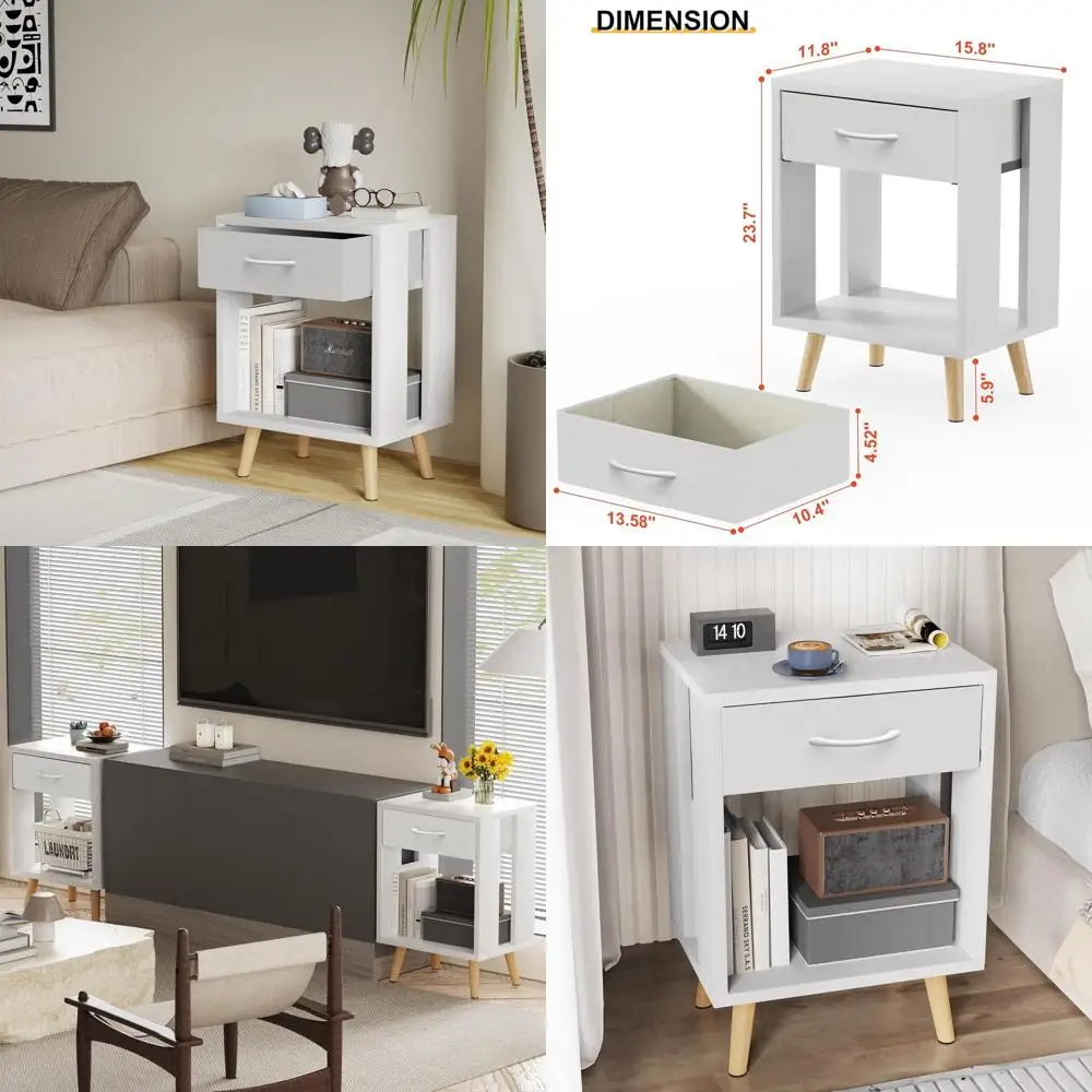 

Pair of White Fabric Drawer Nightstands with Open Shelf for Bedroom Storage, 24 High Bedside Tables