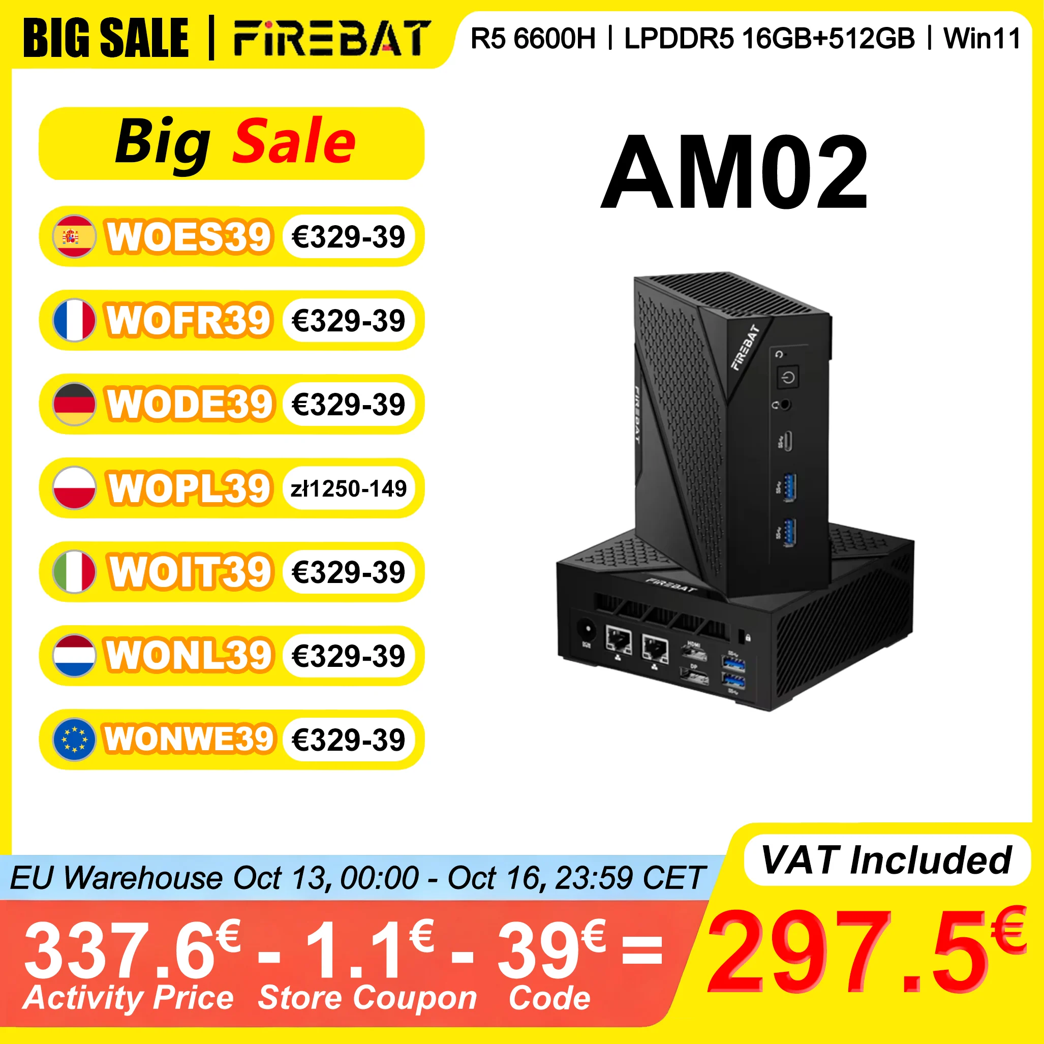 FIREBAT AM02 MINI PC AMD Ryzen 5 6600H LPDDR5 16GB RAM 512GB SSD Windows 11 WIFI6 Bluetooth5.2 HDMI 6 Kerne 12 Threads
