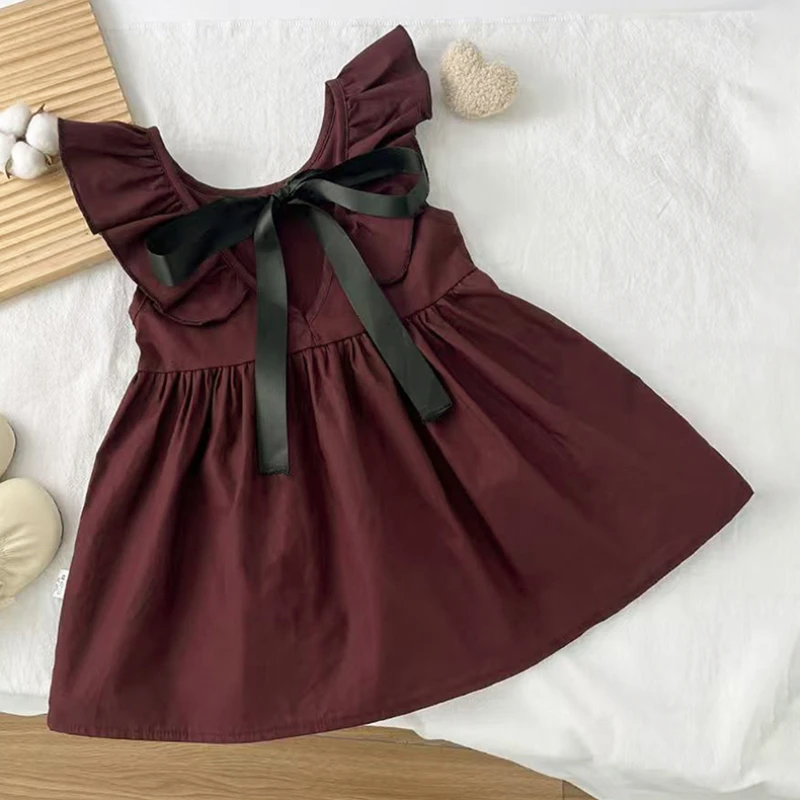 Summer Girls' Ribbon Wine Red Dress Simple All-Match Girls' Dress