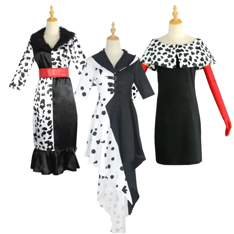 KK56Movies 101 Disfraces de Cosplay de Cruella de Vil, Vestido con Puntos Blancos y Negros, Uniforme de Bruja, Disfraz de Halloween y Carnaval