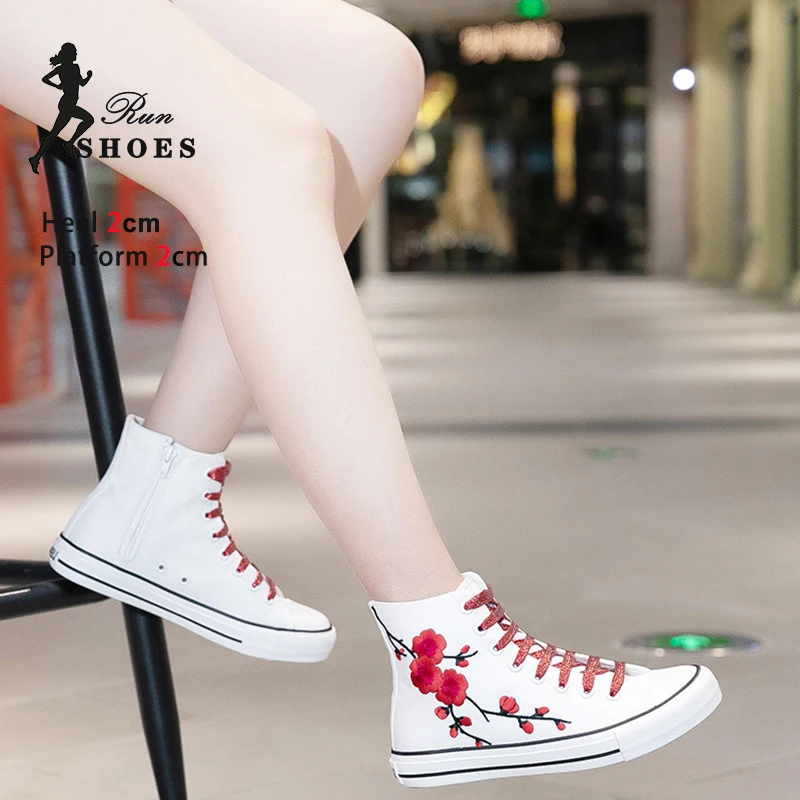 Canvas Shoes For Women Outdoors Walking White Lace-up Zip Flats Spring Summer Embroidered Ladies Shoes High Top Sneakers Woman