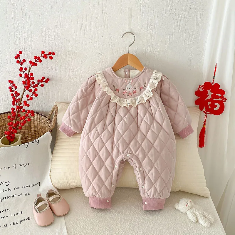 MILANCEL New Winter Baby Rompers Infant Thicking Floral Bunny Jumpsuit Toddler Rhombus Fur Padded One Piece