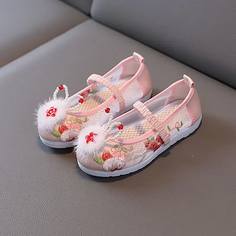 children embroidered shoes sandals vintage baby mesh shoes Chinese style Hanfu shoes rabbits beading feather 25 to 37 size