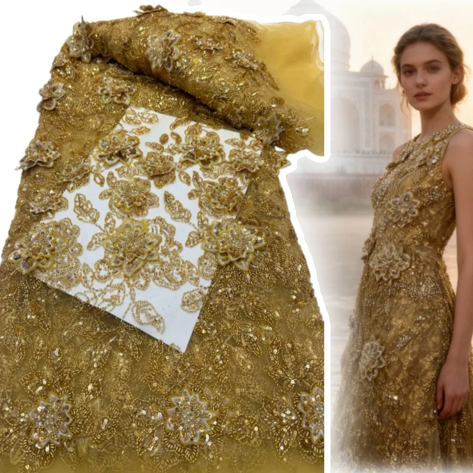 

Luxury African Sequin Beaded Lace Fabric Premium Quality Green French-Nigerian Embroidered Lace Fabric Party Gown 5 Yards 1933