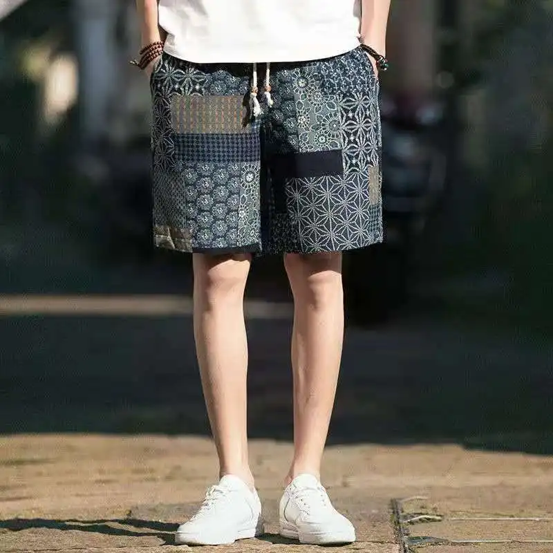 Cotton Linen Men\'s Shorts New in Pant Graphic Elastic Male Short Pants with Ice Drawstring Personalizate Printed Stylish Floral