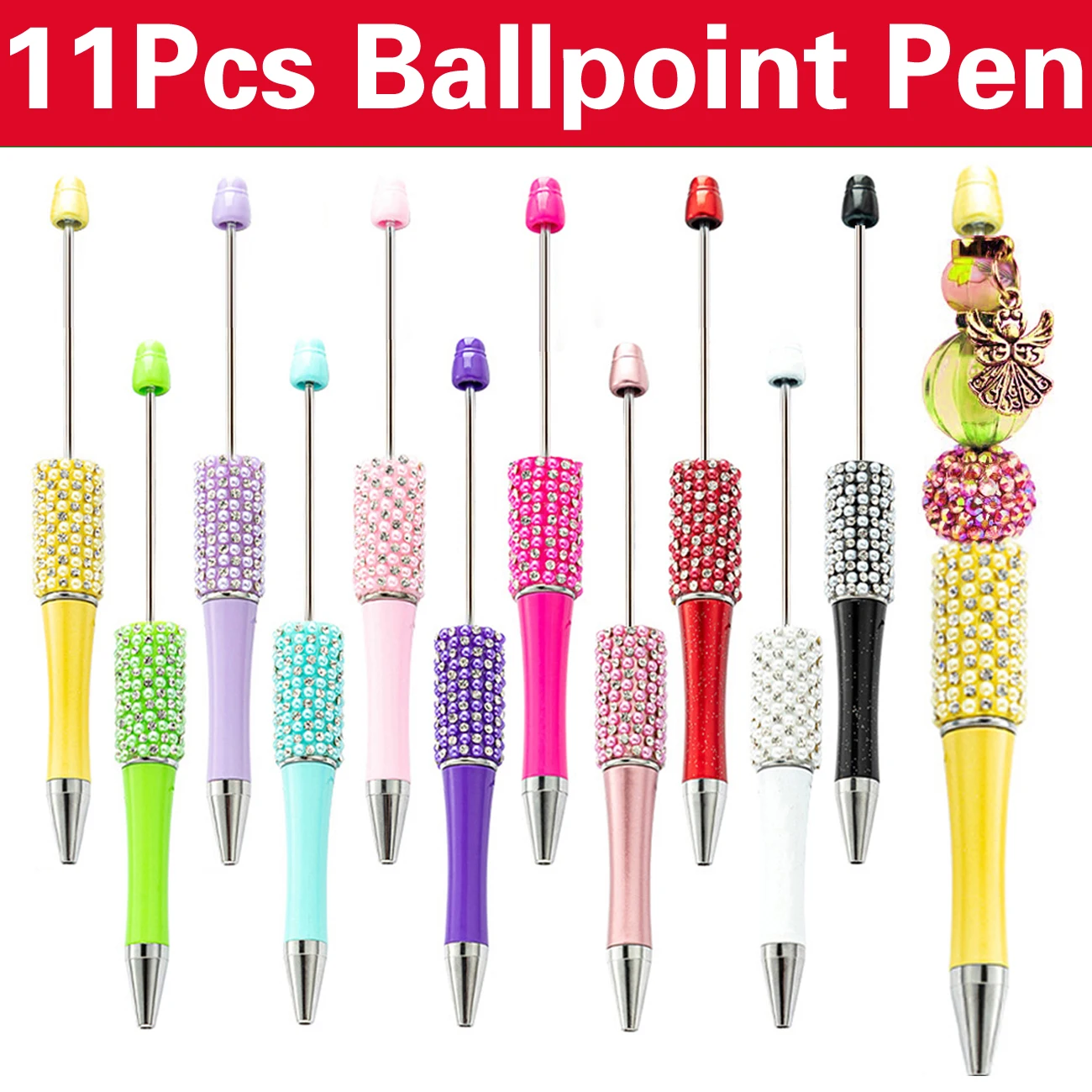 

11Pcs Diamond Bead Pen Wholesale Creative DIY Handmade Sticker Set Diamond Beaded Ballpoint Pens Advertising Gift Pen