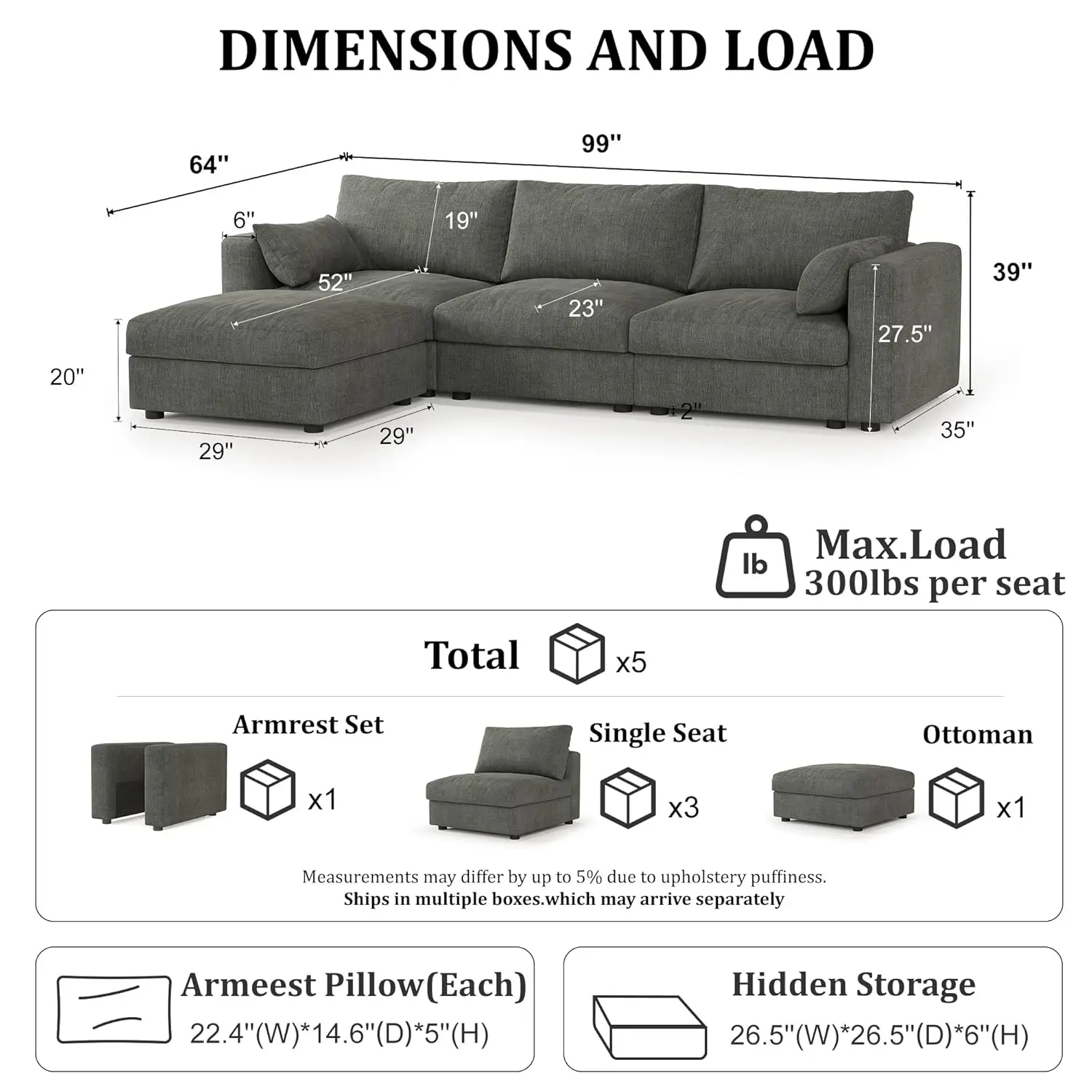 Cloud Modular Sectional Sofa Couch with Storage Ottoman, 99