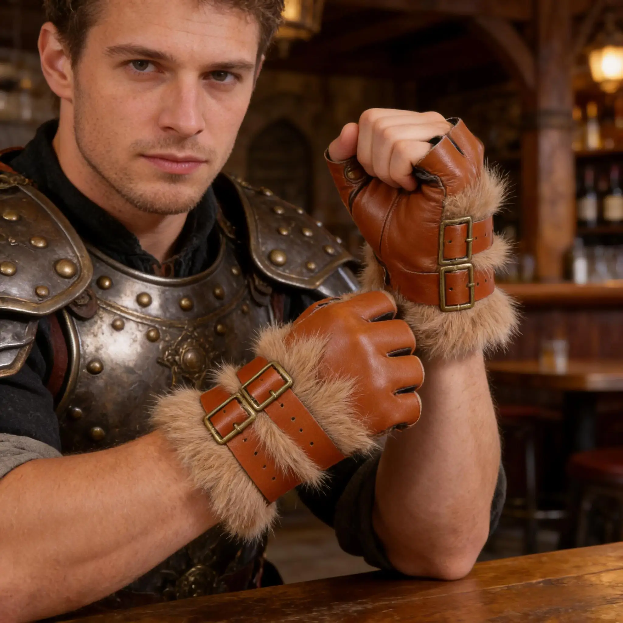 Medieval Viking Faux Fur Gloves Knight Wristband Retro Steampunk Hunter Archery Finger Gloves Renaissance