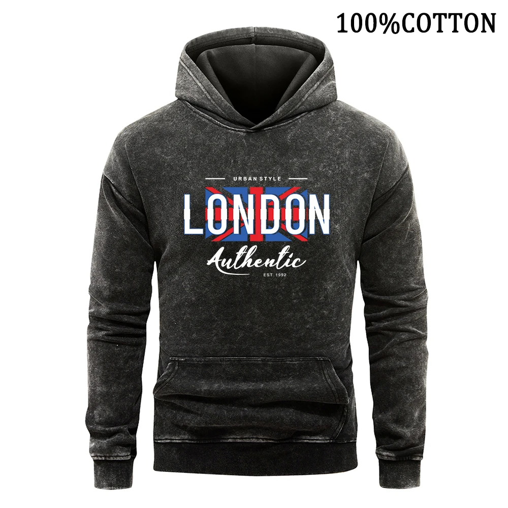 

London Authentic Letter Men's Hoodies Retro Washed Cotton Hoodie Autumn High Quality Pullover Flexible Hoody Comfortable Tops