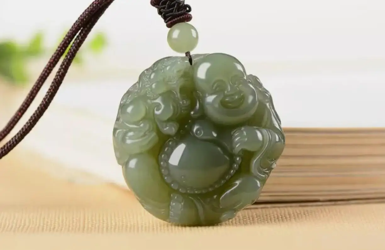 2pc Nature Grade AAA Green White HeTian Jade Carving pendant Maitreya Buddha PiXiu