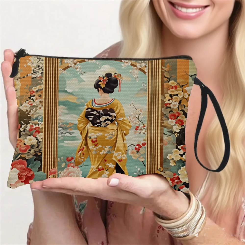 Japanese Geisha Makeup Bag with Wrist Strap, Floral Kimono Pattern, Convenient and Stylish Travel and Daily Use Wash Bag