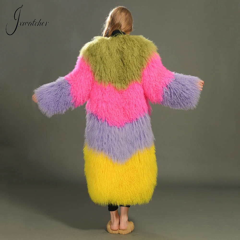 Jxwatcher Real Mongolian Fur Coat Women Luxury Long Natural Sheep Fur Coat Ladies Fashion Mix Color Fur Jacket 2023 New Style