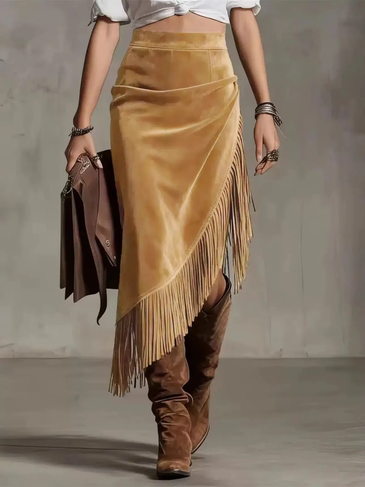 Europäischer und Amerikanischer Retro-Stil Einfarbiger Quasten-Midirock mit Hoher Taille und Asymmetrischem Saum aus Wildleder – Detail 1