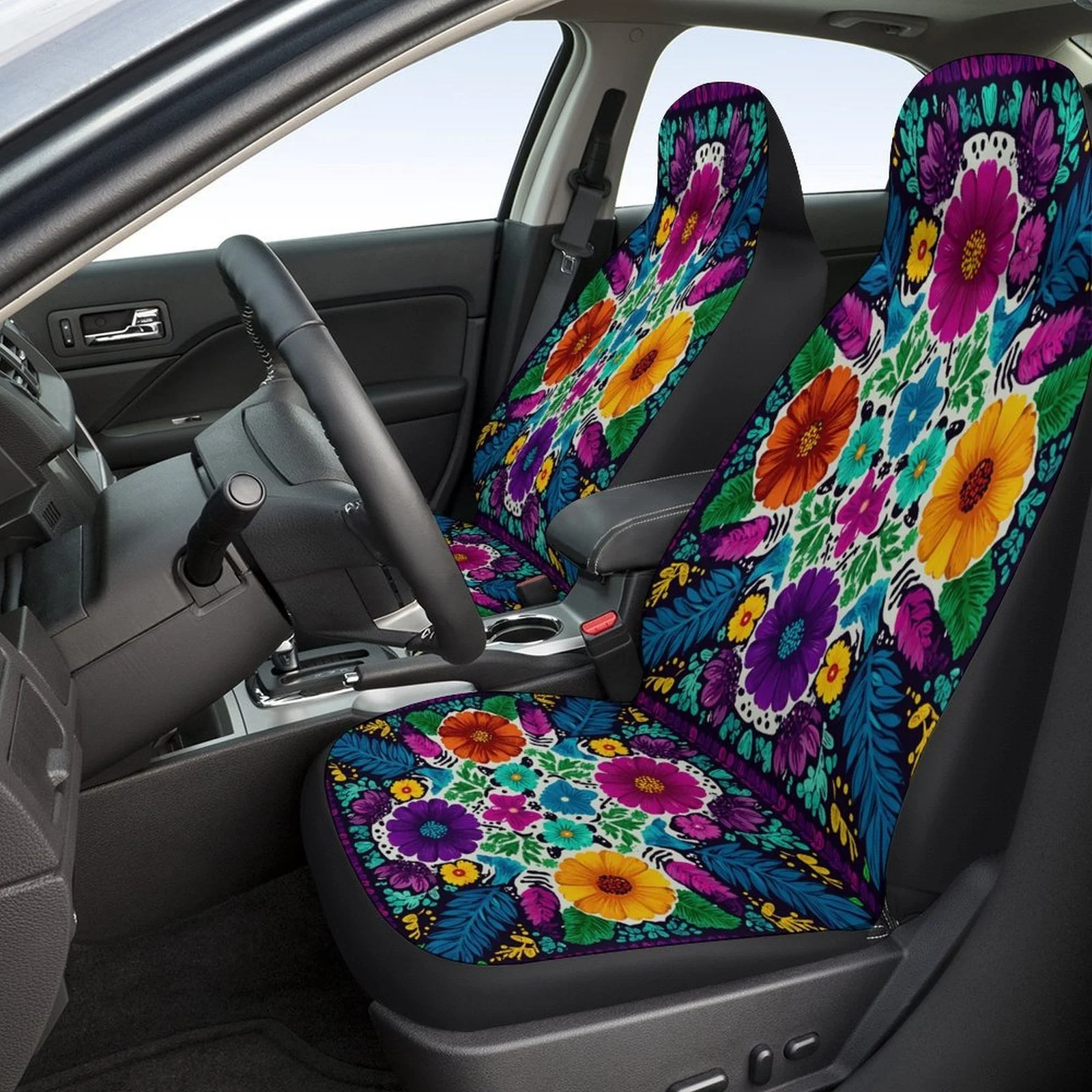 Set Of Car Seat Covers Featuring A Floral Design, Suitable For A Wide Range Of Vehicles. These Stylish And High-Quality Covers P