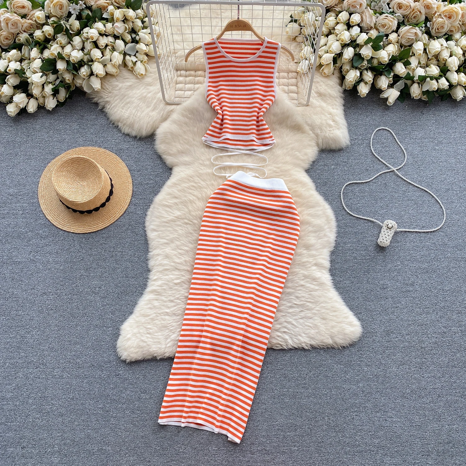 REALEFT Summer 2 Pieces Striped Women\'s Knitted Skirts Suits O-Neck Tops and Wrap Sheath Long Skirts Sets Outfits 2024 New