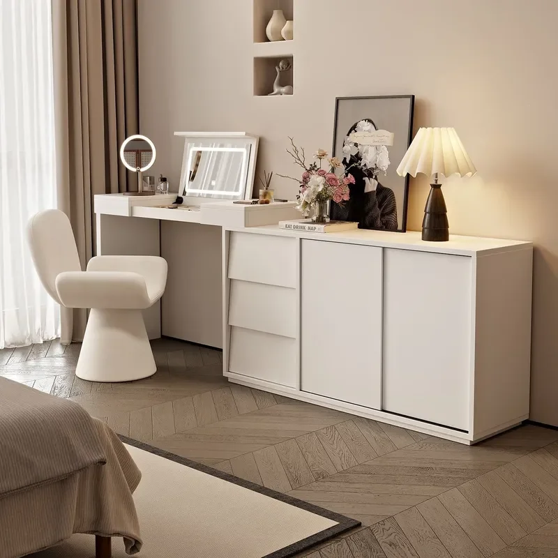 Retro Solid Wood Dresser with Clamshell Mirror Makeup Table Bedroom Storage Cabinet Chest Shelf Maternal Infant Grade