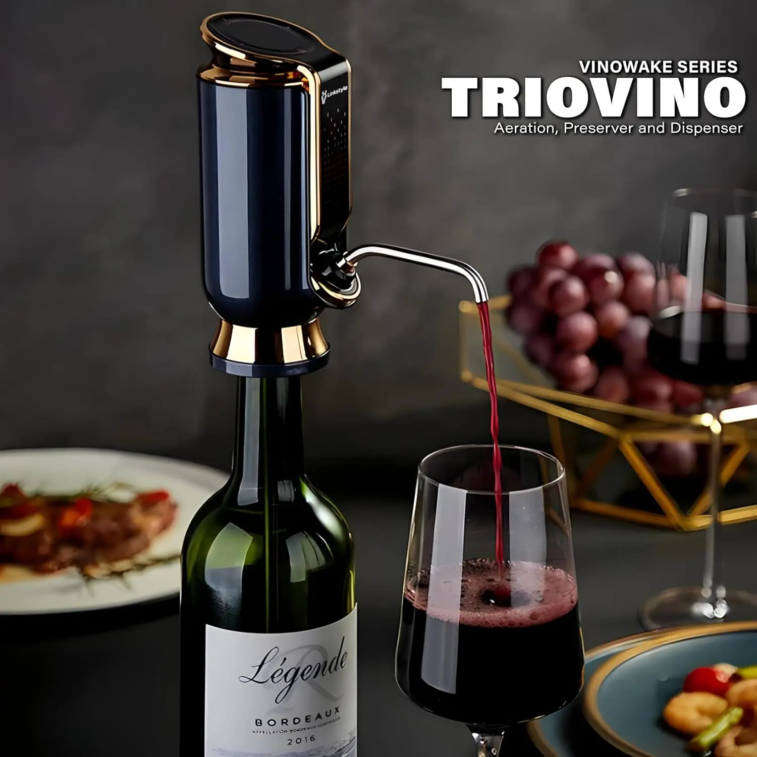 LINKSTYLE TRIOVINO, Luxurious 3-in-1 Electric Wine Aerator, Dispenser and Vacuum Saver - For Improving Taste, Aroma