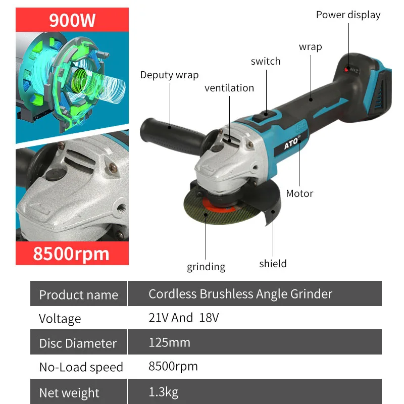 Imagem -02 - Ato-brushless Elétrica Grinding Machine Ferramenta para Carpintaria Cordless Angle Grinder Velocidade de Corte 18v Makita Battery 125 Milímetros