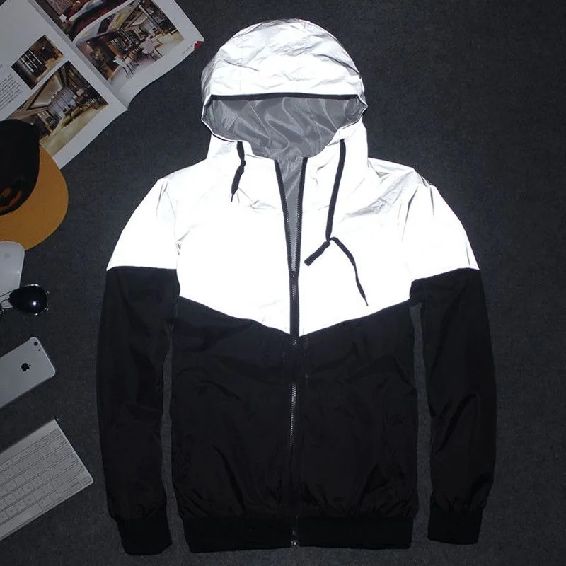 Men Hooded Reflective Jacket Light Up Patchwork Windbreaker Spring Autumn Thin Coat Cycling Running Sportswear Outdoor Jogging