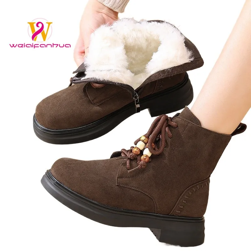 Cowhide Suede Ladies' Ankle Boots, with Beaded Lace, Warm and Retro Casual Boots Suitable for Autumn, Winter and Ankle-length.