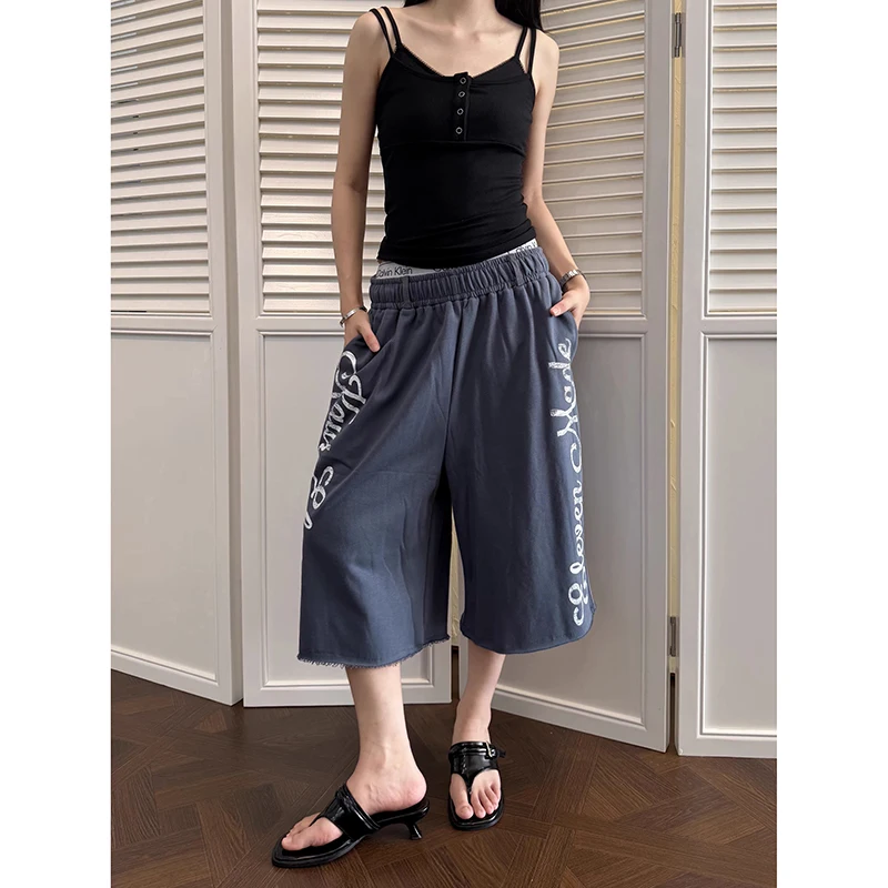YIBASHU American Vintage Y2k 2000s Sweatpants Women Harajuku Oversized Baggy Summer Print Shorts Streetwear Blue Capris Pants