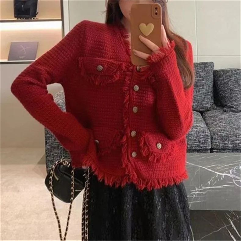 

Small Fragrant Fur Edge Solid Color Sweater Women's Cardigan Autumn And Winter Short Jacket Coat Knitting Top