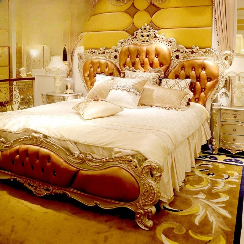 European double bed French birch carved leather bed Princess double bed 1.8 meters wedding