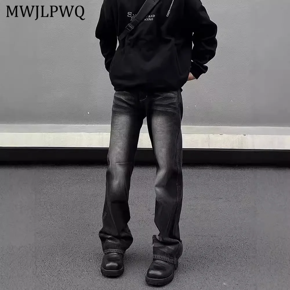 

MWJLPWQ American Washed Black Gray Flared Jeans Men High Street Vibe Style Simple Slimming Fit Casual Straight Pants Tide 11072