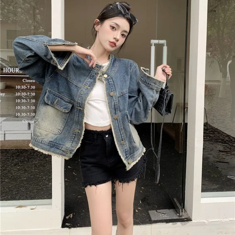 Women's Fall Spring Tops Coat Cowboy Round Neck Raw Edge Vintage Simple Loose Casual Designed Fashion New Niche Versatile Skinny