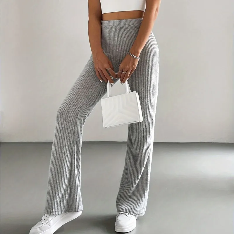 2025 Simple New Rib Knitted Trousers Women's Autumn Solid Color Casual Flared Pants Fashionable All-Match Slim Fit Long Pants