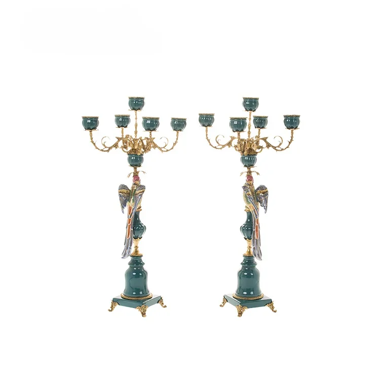 American dining table home decoration ornaments, ceramic inlaid copper candlestick handicrafts