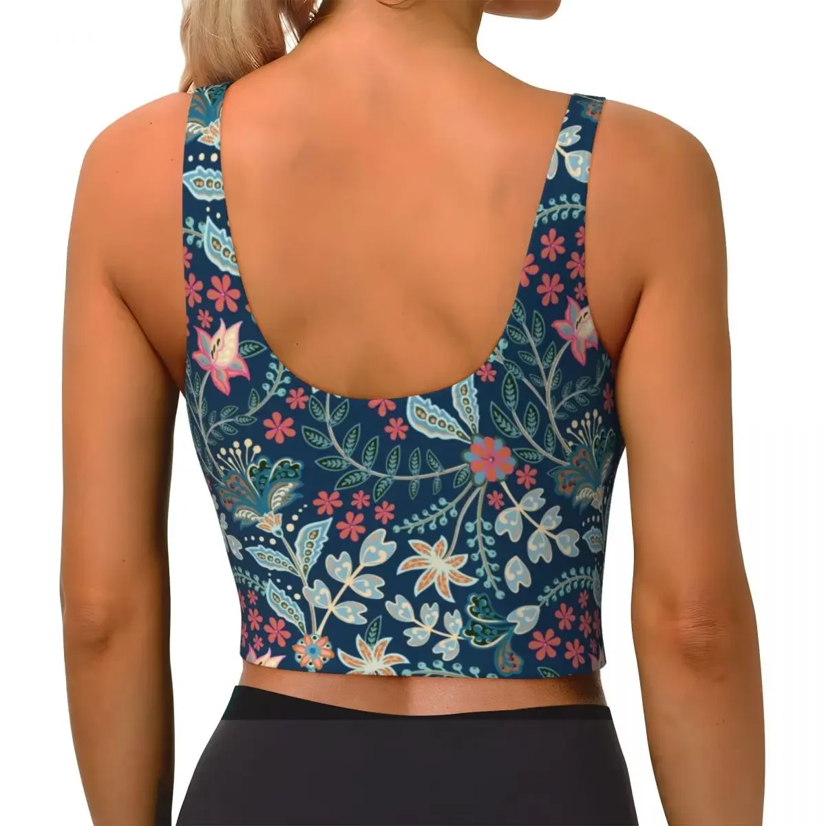 여성용 멕시코풍 여름 플로럴 블루 스포츠 브라 꽃무늬 하이 임팩트 짐 운동 러닝 크롭 탱크탑