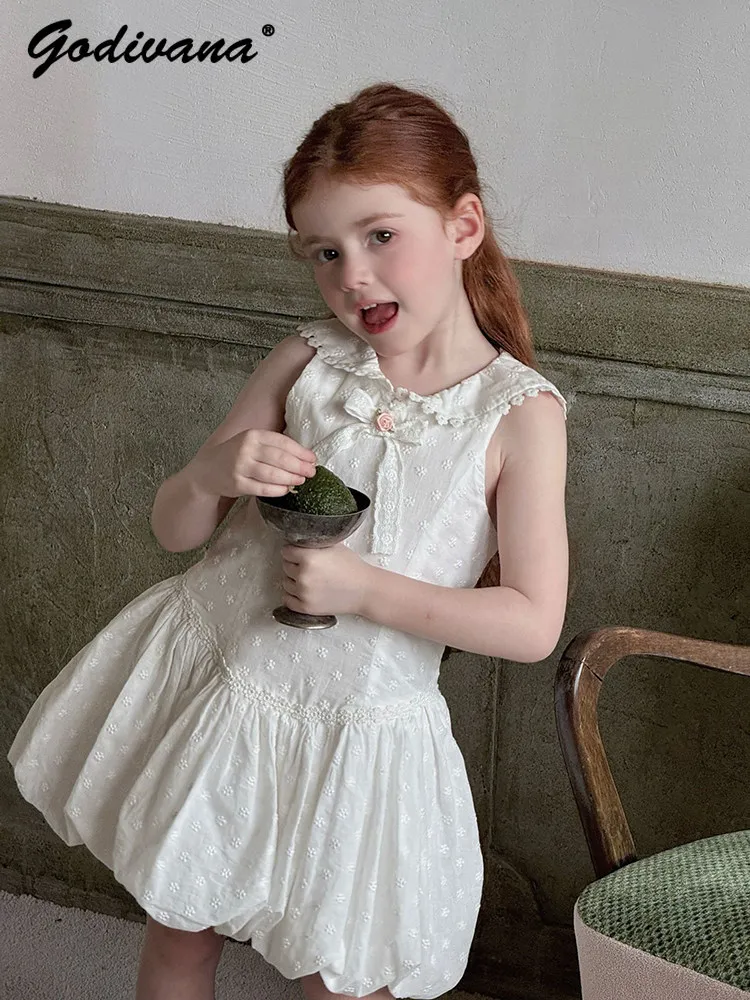 Sweet Baby Girls 2026 New Summer Princess Dress Kids French High End White Doll Collar Floral Bow Sleeveless Bud Casual Dress