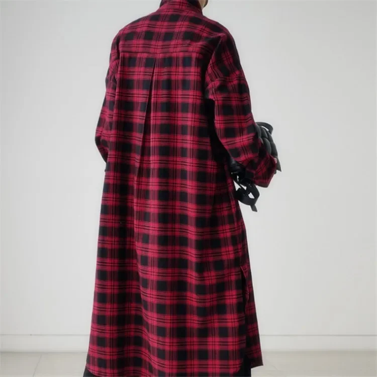 

Loose large size long-sleeved shirt skirt, spring and summer new plaid test split shirt dress