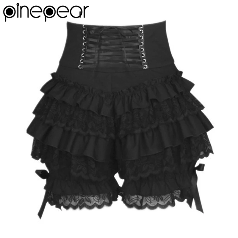 PinePear 2025 Girl Cute Black Gothic Steampunk Lolita Ruffle Lace Pumpkin Bloomer Fashion High Waist Shorts Cosplay Little Devil