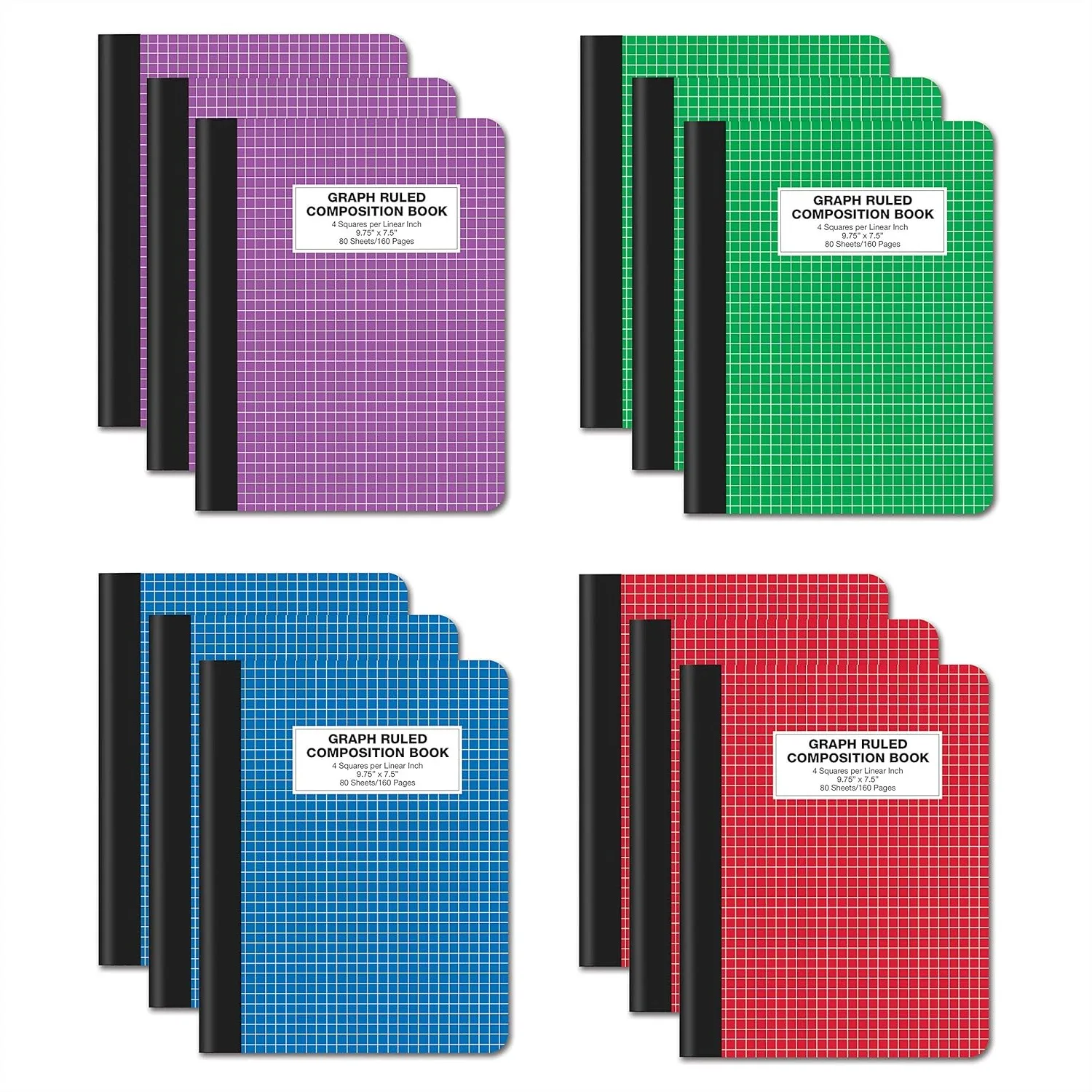 

12 Pack Quad Ruled Composition Notebooks, Hardcover 4x4 Graph Paper, 80 Sheets 9.75x7.5 Inches, Assorted Color Covers for Math