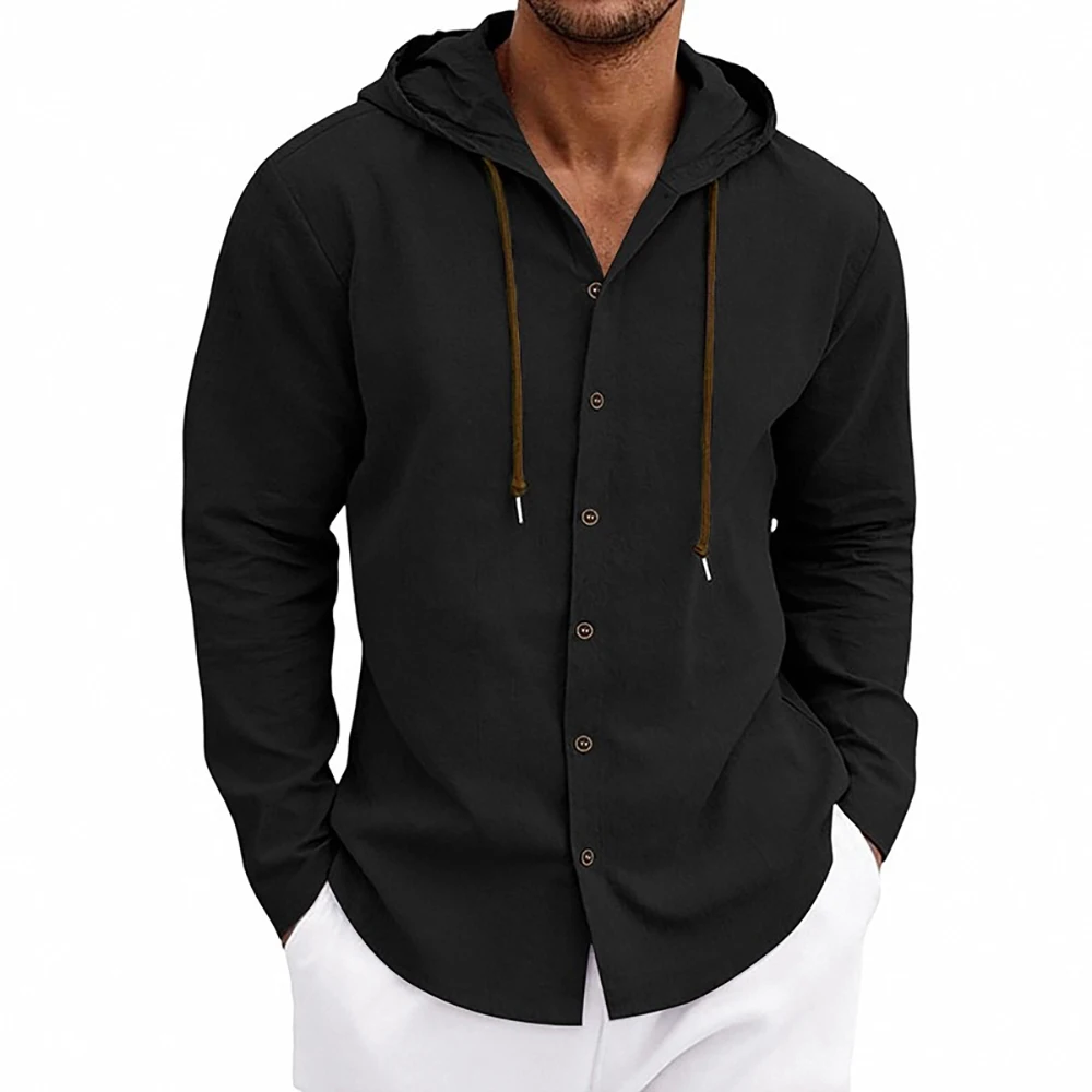 Long Sleeve Hooded Shirt for Men Solid Color Cotton Linen Breathable Lightweight Simple Style Male Classic Casual Tops