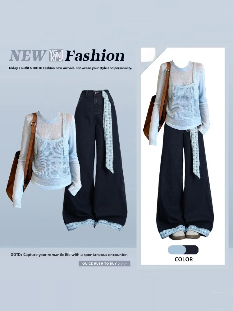 

Blue Plaid T-Shirt And Jeans Two-Piece Set Long Sleeve High Waist Denim Outfit Summer Fashion Women's Ensemble Casual Chic