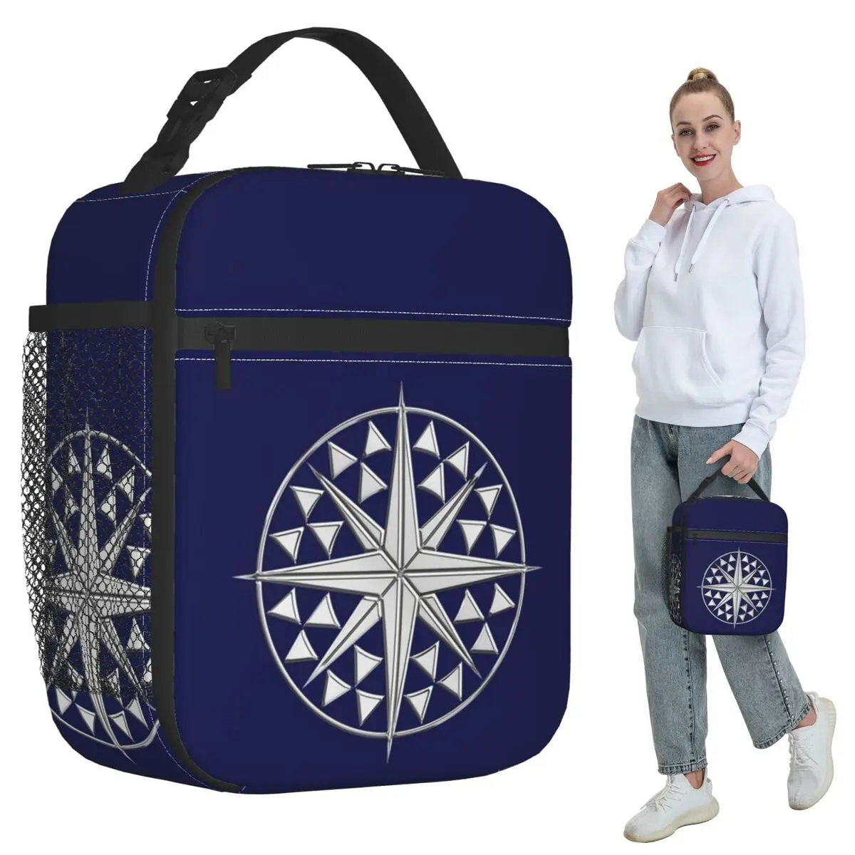 

Chrome Style Nautical Compass Star Insulated Lunch Bag for Kids School Thermal Food Box Tote Portable Lunch Boxes Container