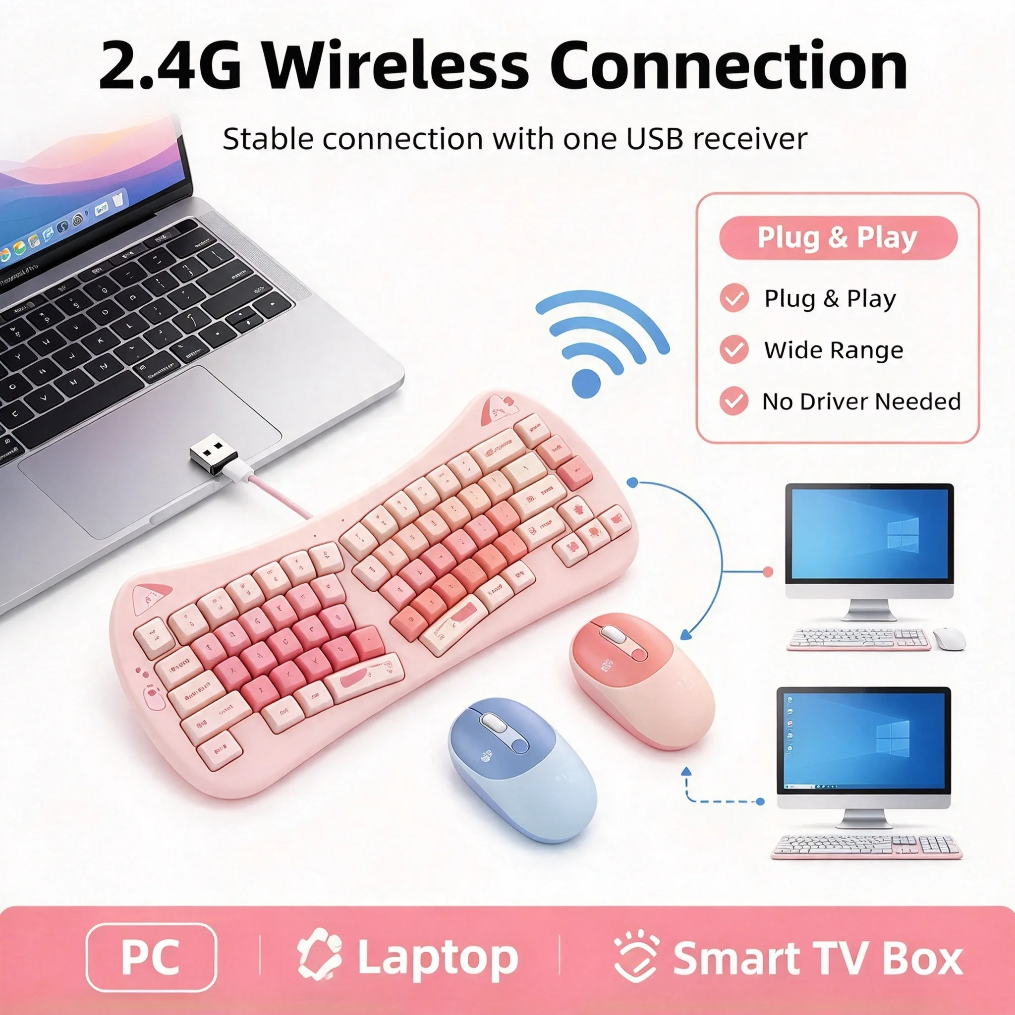 66Keys Ergonomic Design 2.4G Wireless Cut Cat Keyboard And Mouse Combo Slient Click Office Stylish PC Keyboard Set For Computer