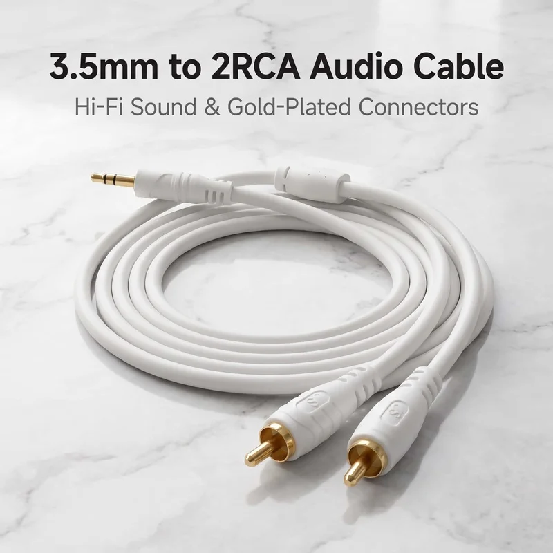 3.5mm Male to 2RCA Male Stereo Audio Cable White PVC AUX Y Cord Gold Plated Jack Hi-Fi Sound for Phone PC TV Amplifier Speaker