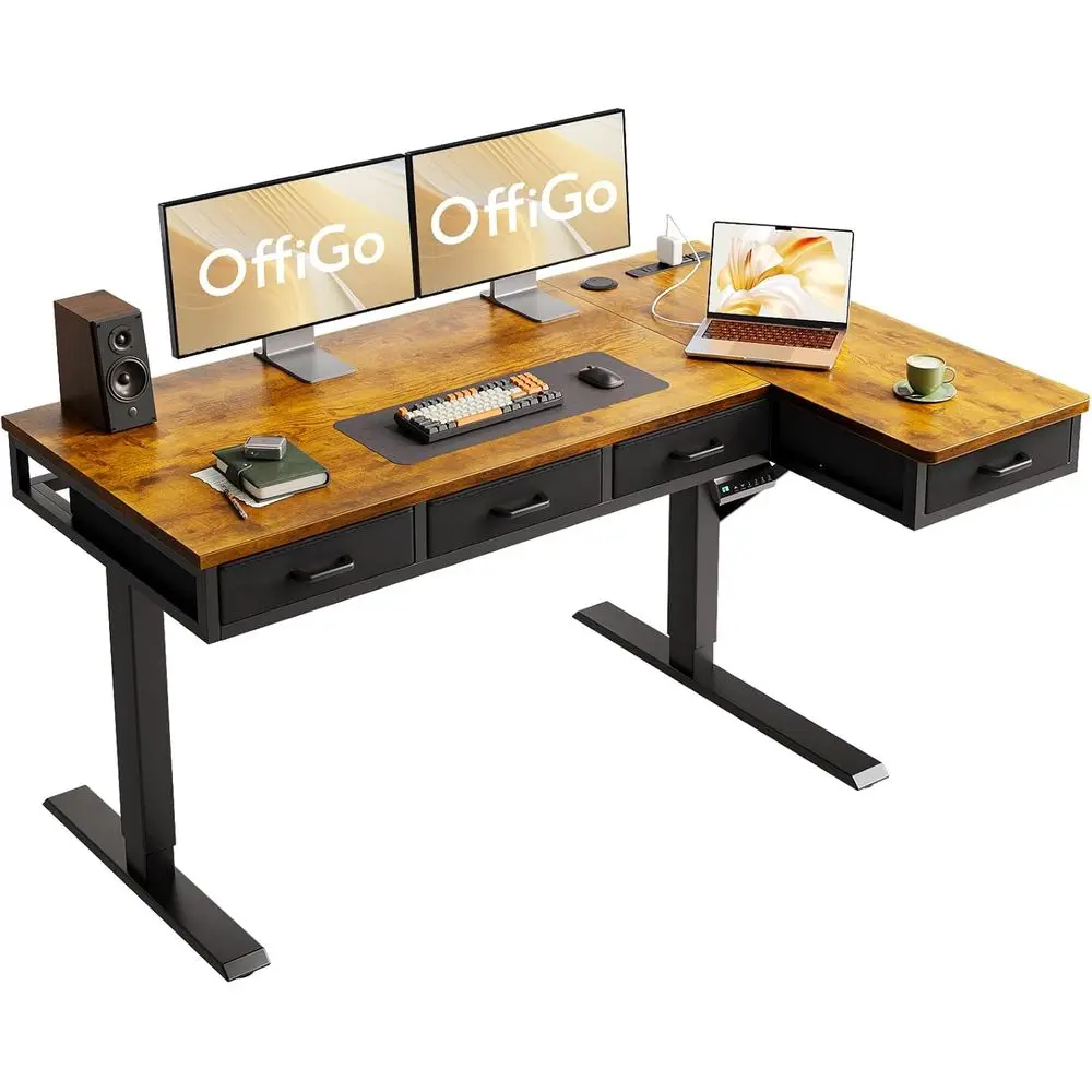 

55 L-Shaped Electric Adjustable Desk with Power Outlets, Rustic Brown