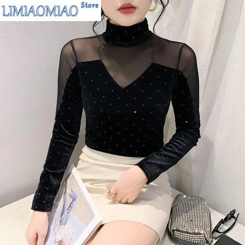 

Fashionable Half-high Neck Velvet Mesh Spliced and Hot Diamond Long-sleeved T-shirt with Women's Temperament Versatile Top